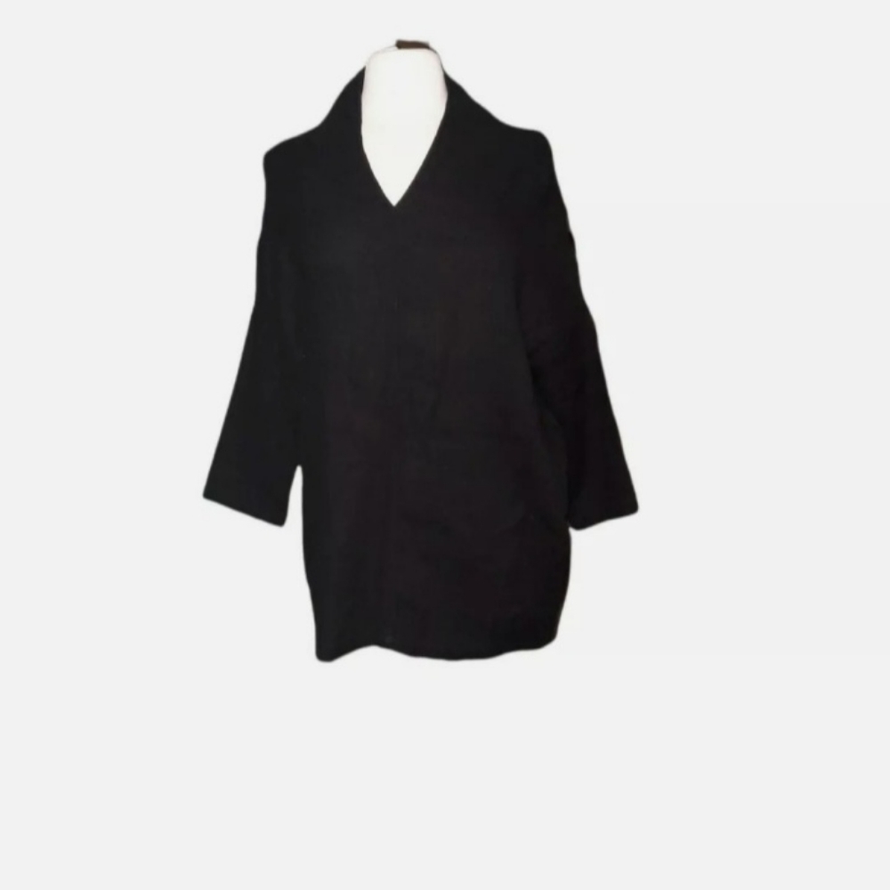 Fog Linen Pull Over Coat Linen Wool Blend Black Vneck Lagen Long Sleeve. Dimensi